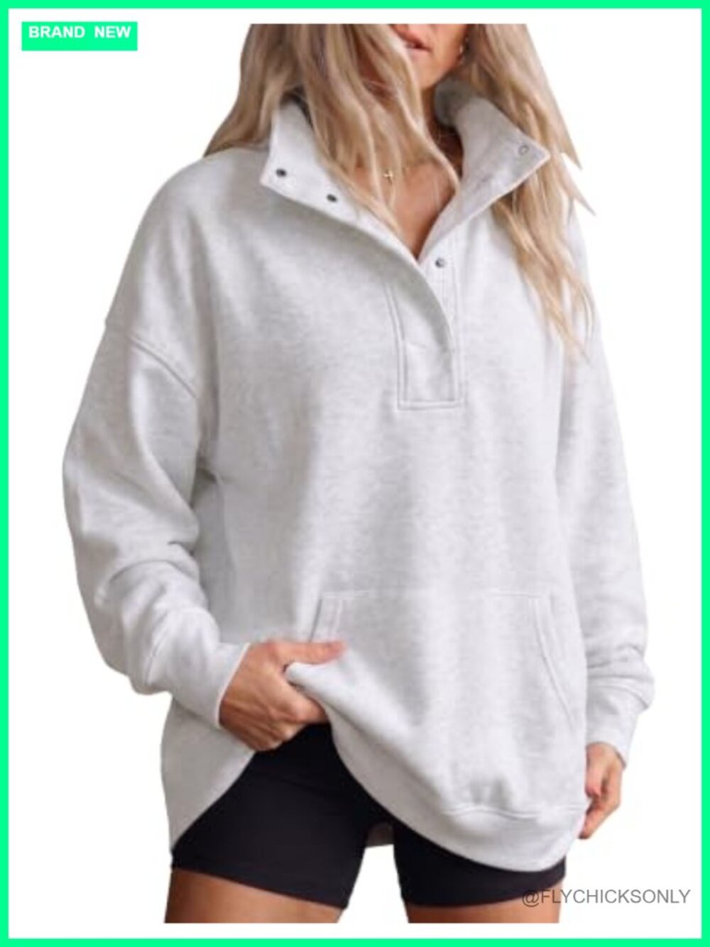 Oversized Snap Button Henley Sweatshirt with Pockets Quilted Long Sleeve